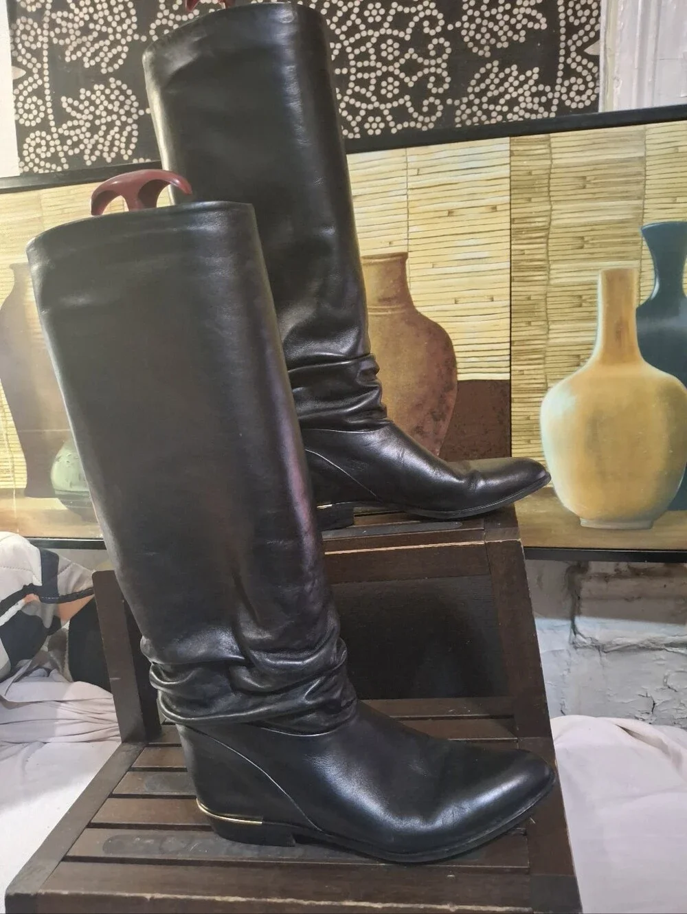 Women's Over-the-Knee Black Leather Boots with Low Heel